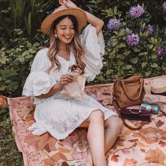 Boho white ruffle tier neck tie belted mini dress - Picture 3 of 6